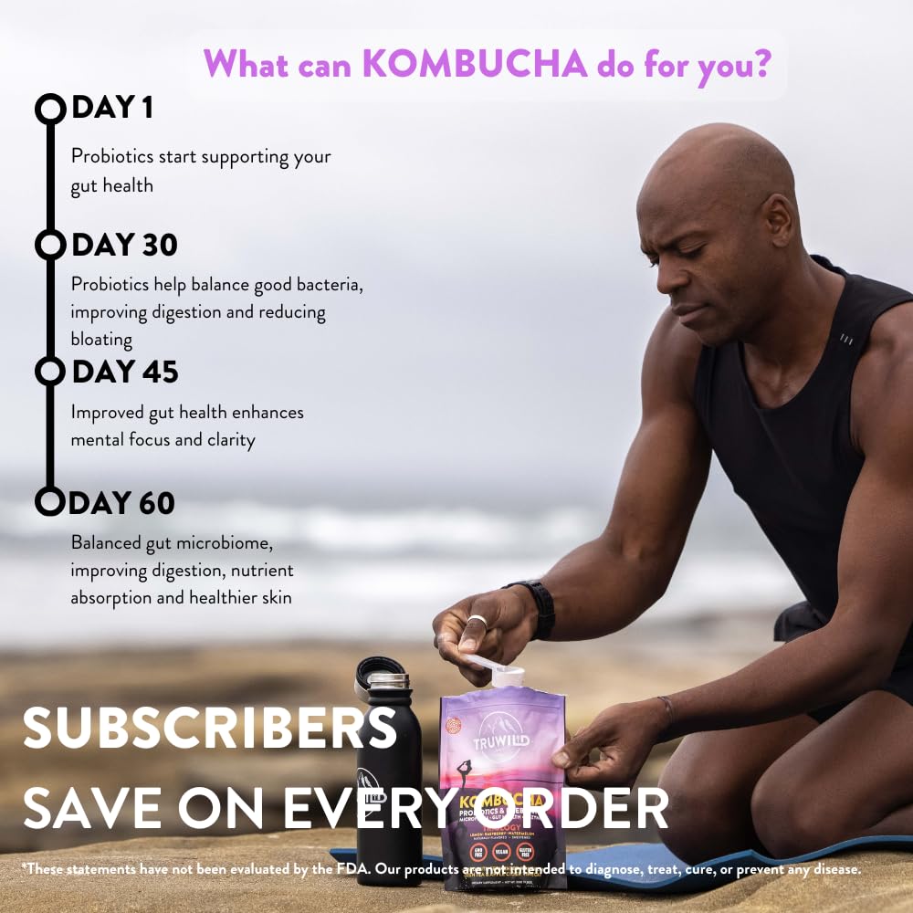 TruWild kombucha powder ingredients highlighting live cultures and prebiotics