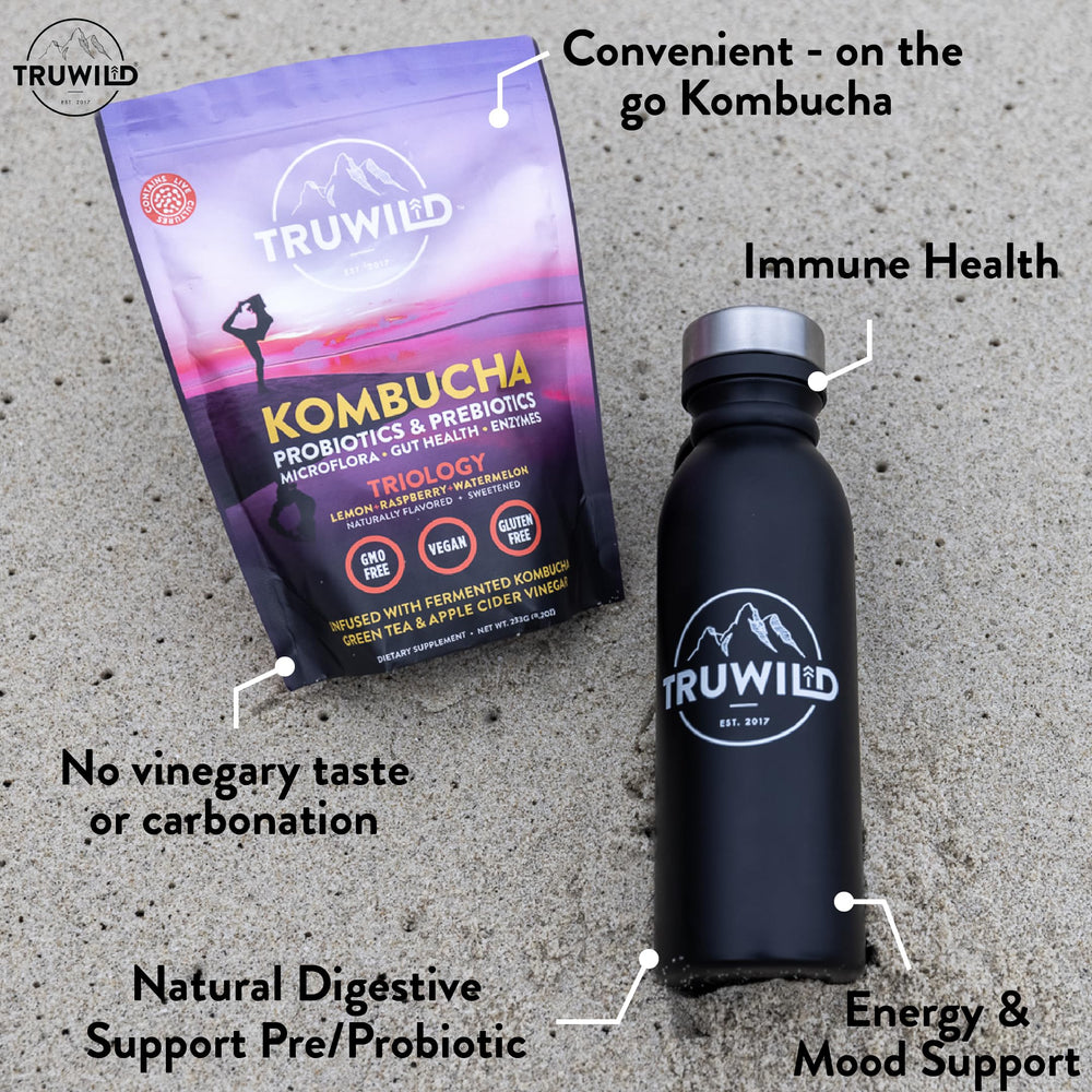TruWild kombucha powder label emphasizing vegan, gluten-free, non-GMO features