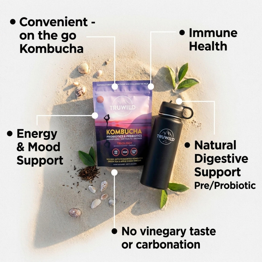 TruWild Kombucha Powder dissolving in water for convenient daily use.