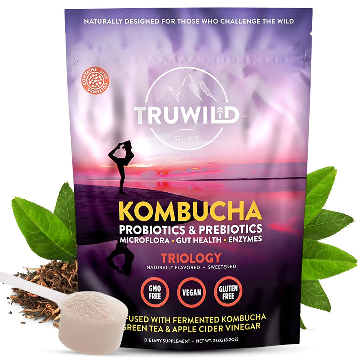 TruWild Kombucha Powder tub closeup showcasing natural ingredients for gut balance.