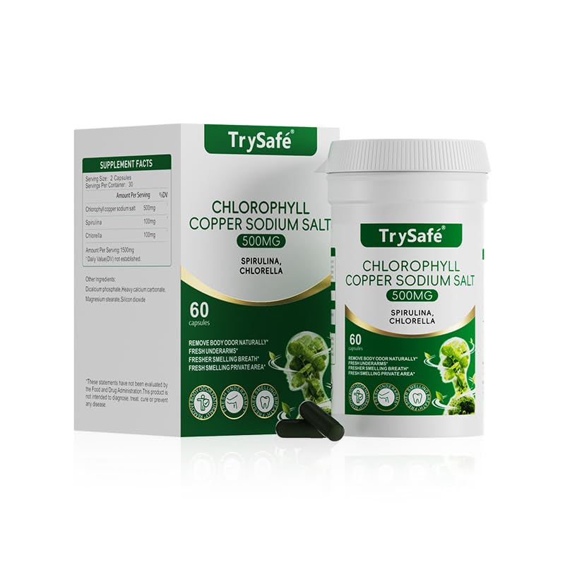 TrySafe 950mg chlorophyll bottle with copper sodium salt for daily detox potential