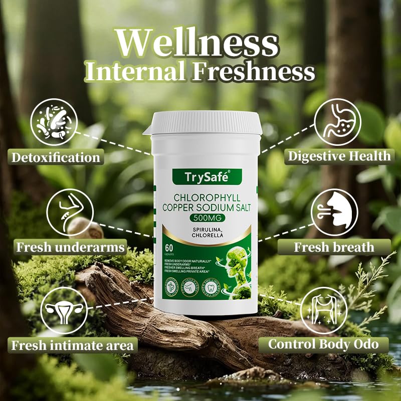 TrySafe chlorella visuals emphasizing nutrient-dense cleansing and internal balance