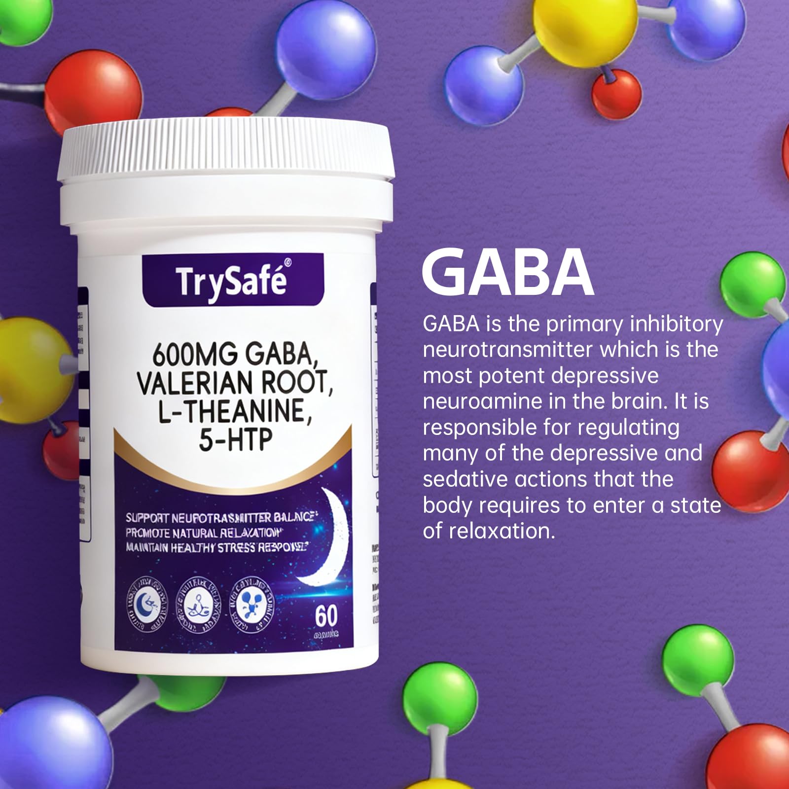 TrySafe L-Theanine visual emphasizing relaxed alertness and balanced sleep.