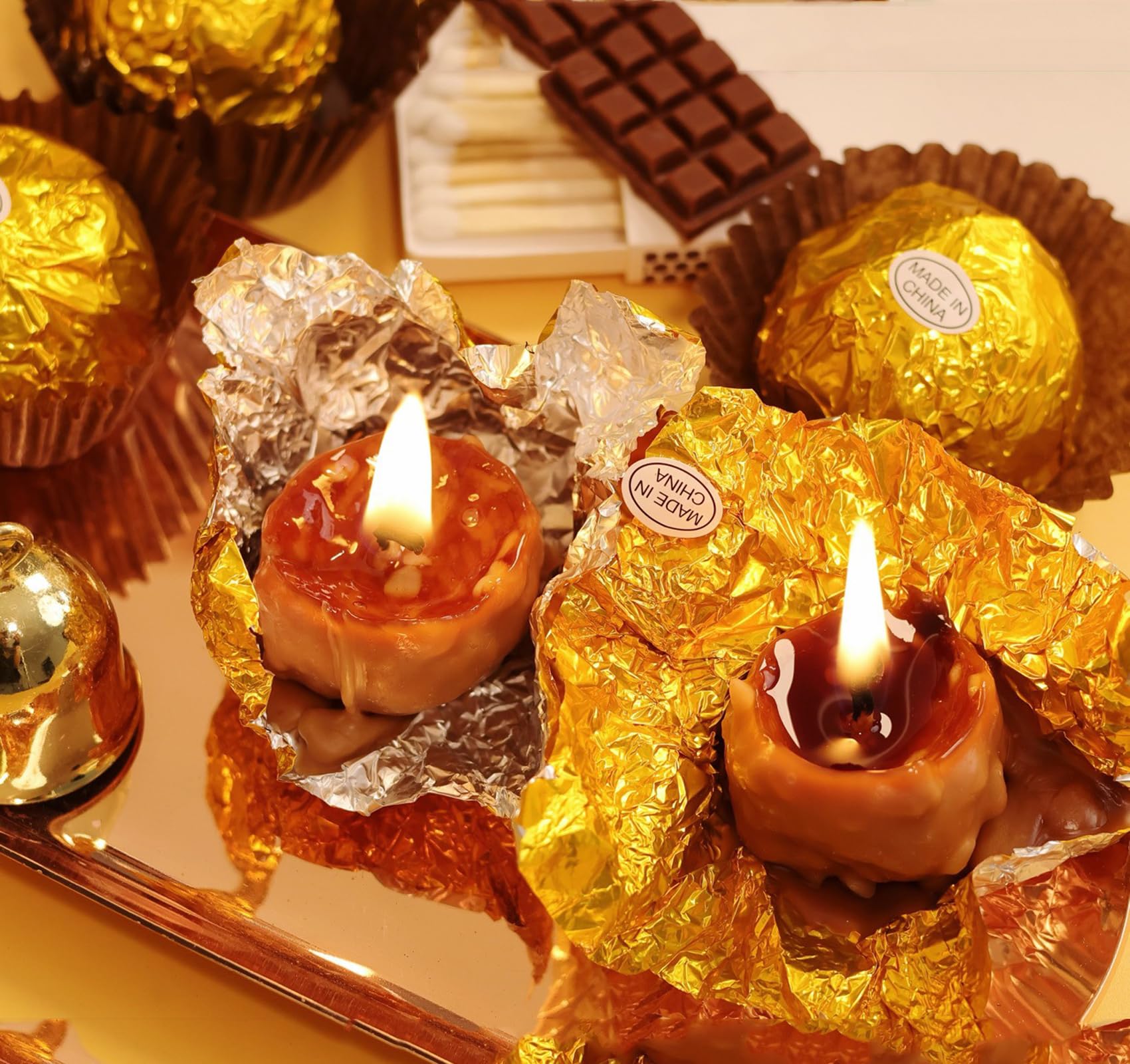 T-shin chocolate ball soy wax candle glowing softly for photos