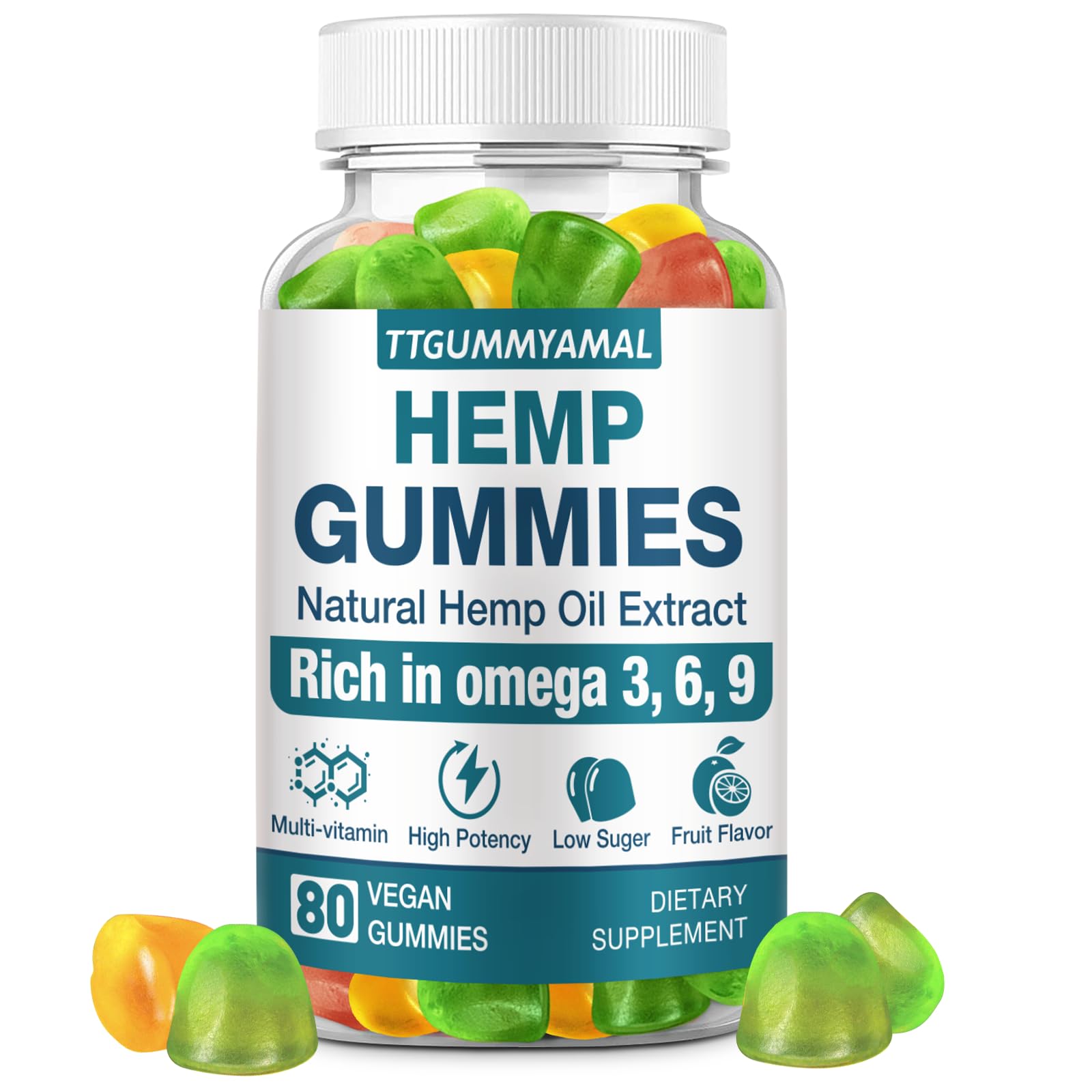 TTGUMMYAMAL hemp gummies bottle close-up showing calming support and restful sleep potential