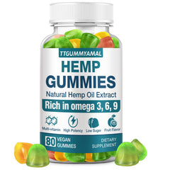 TTGUMMYAMAL hemp gummies bottle close-up showing calming support and restful sleep potential
