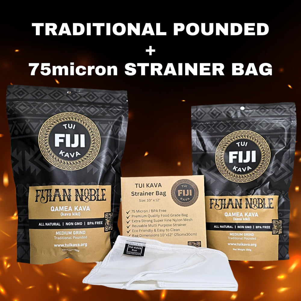 TUI KAVA Fiji root powder 500g highlighting authentic traditional roots.