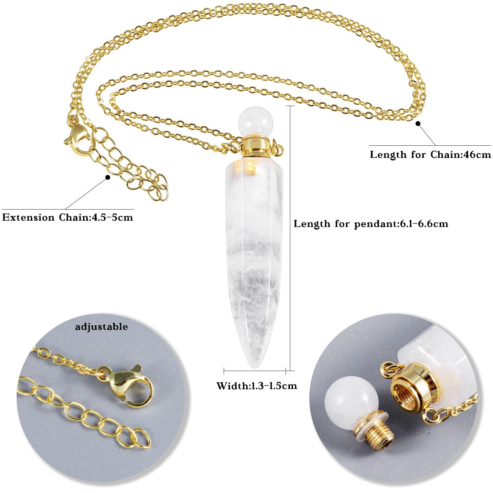 TUMBEELLUWA crystal empty vial necklace showing removable perfume chamber for personal fragrance.