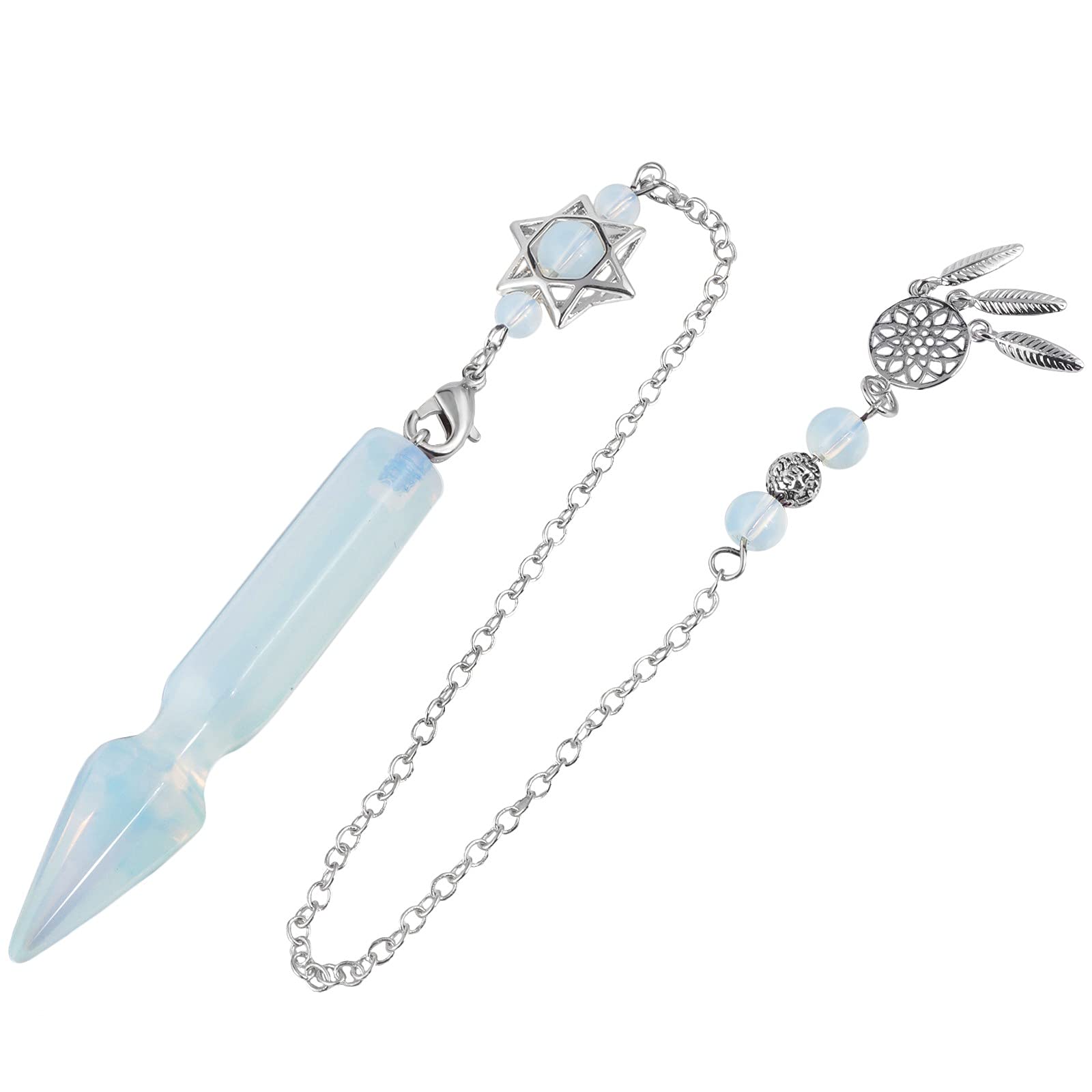 Tumbeelluwa crystal point pendulum for divination enhances focus during readings.