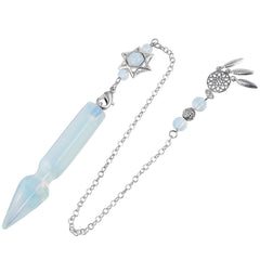 Tumbeelluwa crystal point pendulum for divination enhances focus during readings.