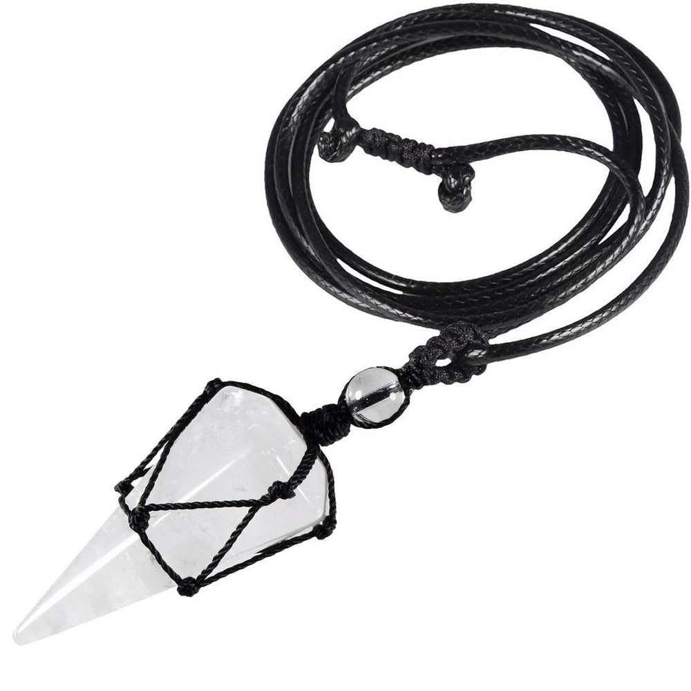 TUMBEELLUWA healing crystal point pendant close-up with energy focus.