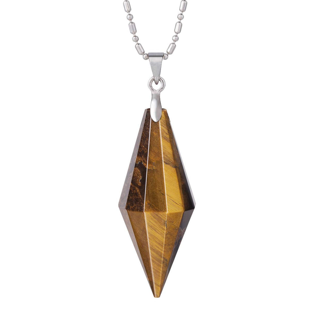 TUMBEELLUWA healing crystal point pendant close-up with Tiger's Eye balance.