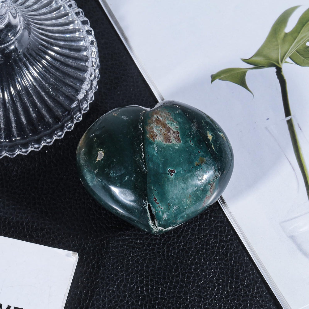 TUMBEELLUWA Ocean Jasper Heart held in hand supports calming rituals and mindful breaks.