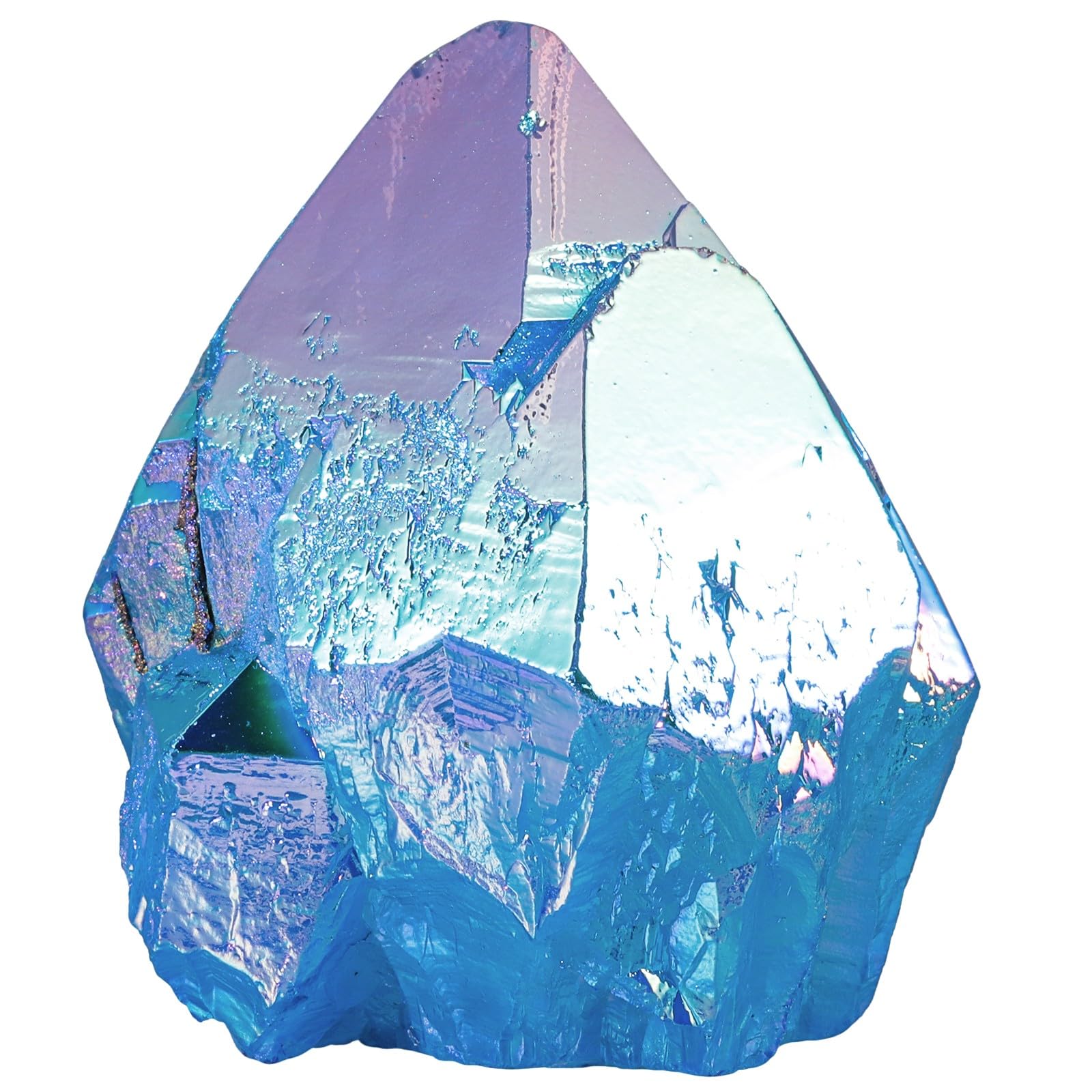 TUMBEELLUWA titanium-coated blue AB crystal cluster with iridescent rainbow hues for display.