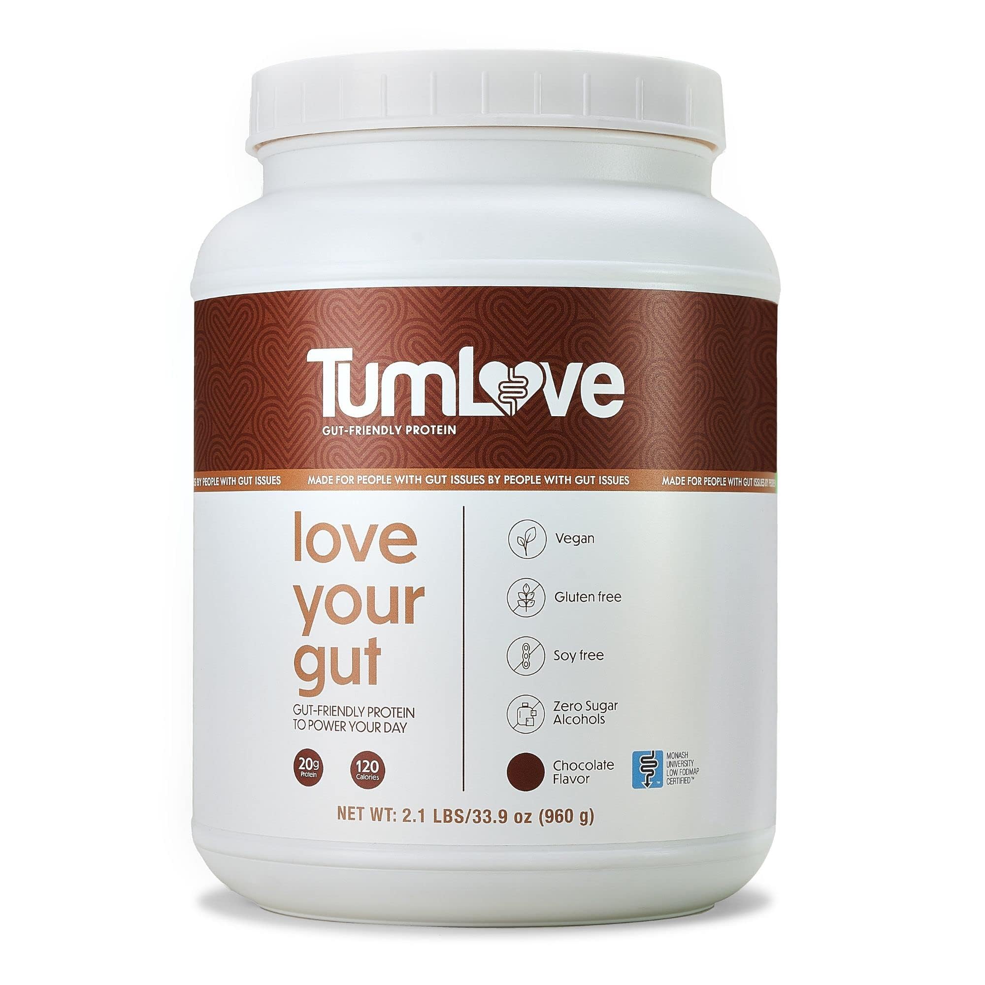 TumLove Vegan Protein Powder chocolate tub showcasing gut-friendly formula for daily protein
