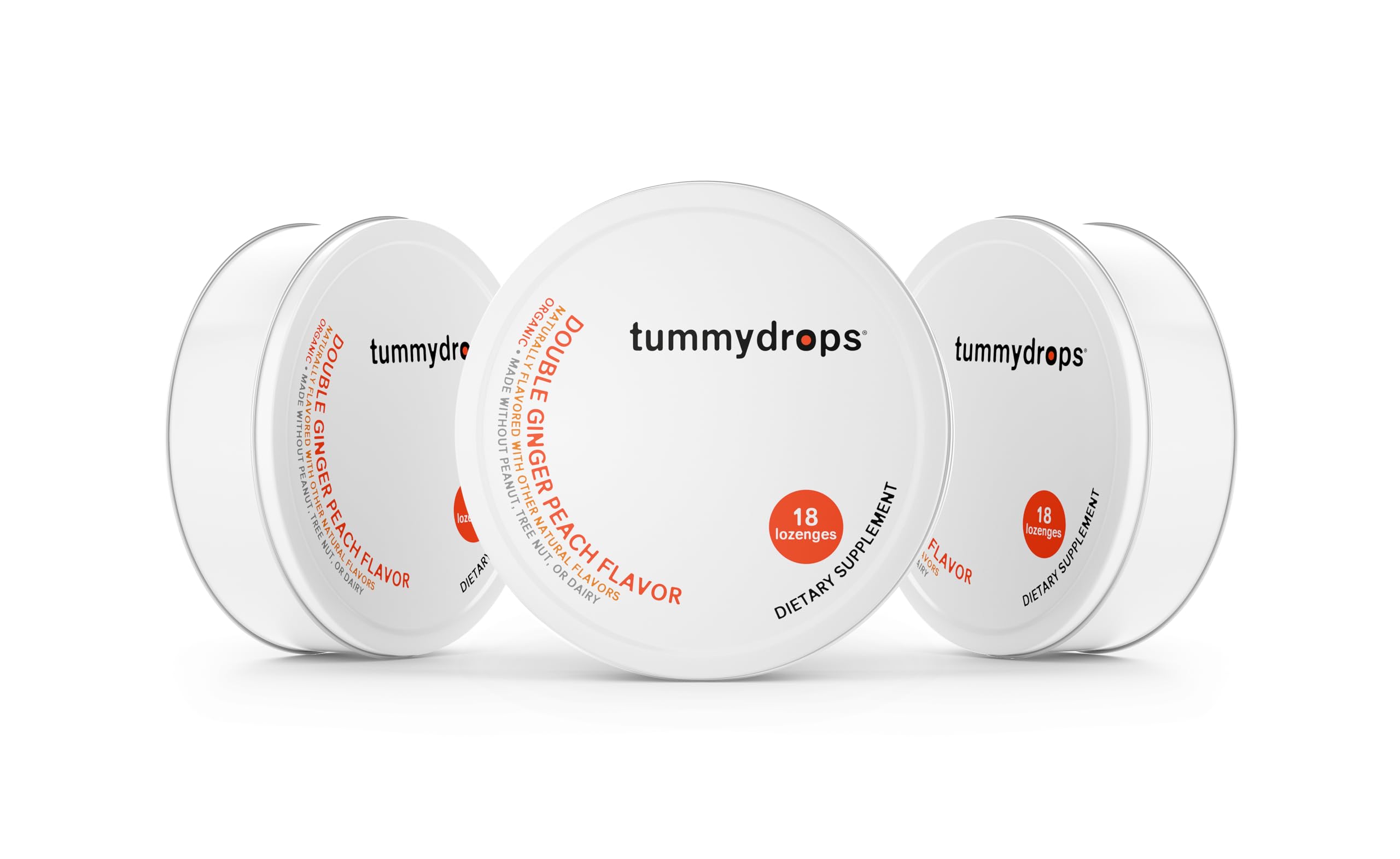 Tummy Drops Organic Double Ginger Peach tins, gluten‑free and vegan, ideal for on-the-go use.