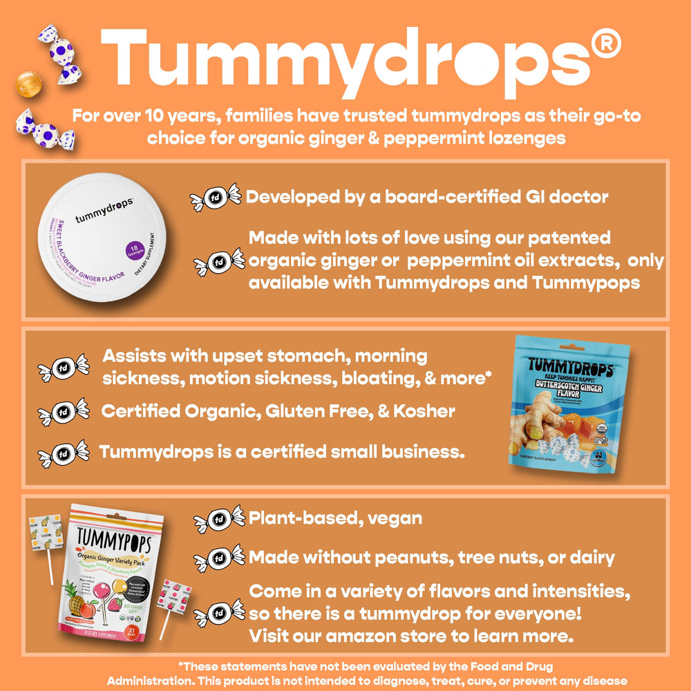Tummydrops USDA Organic label packaging emphasizes certified organic ginger