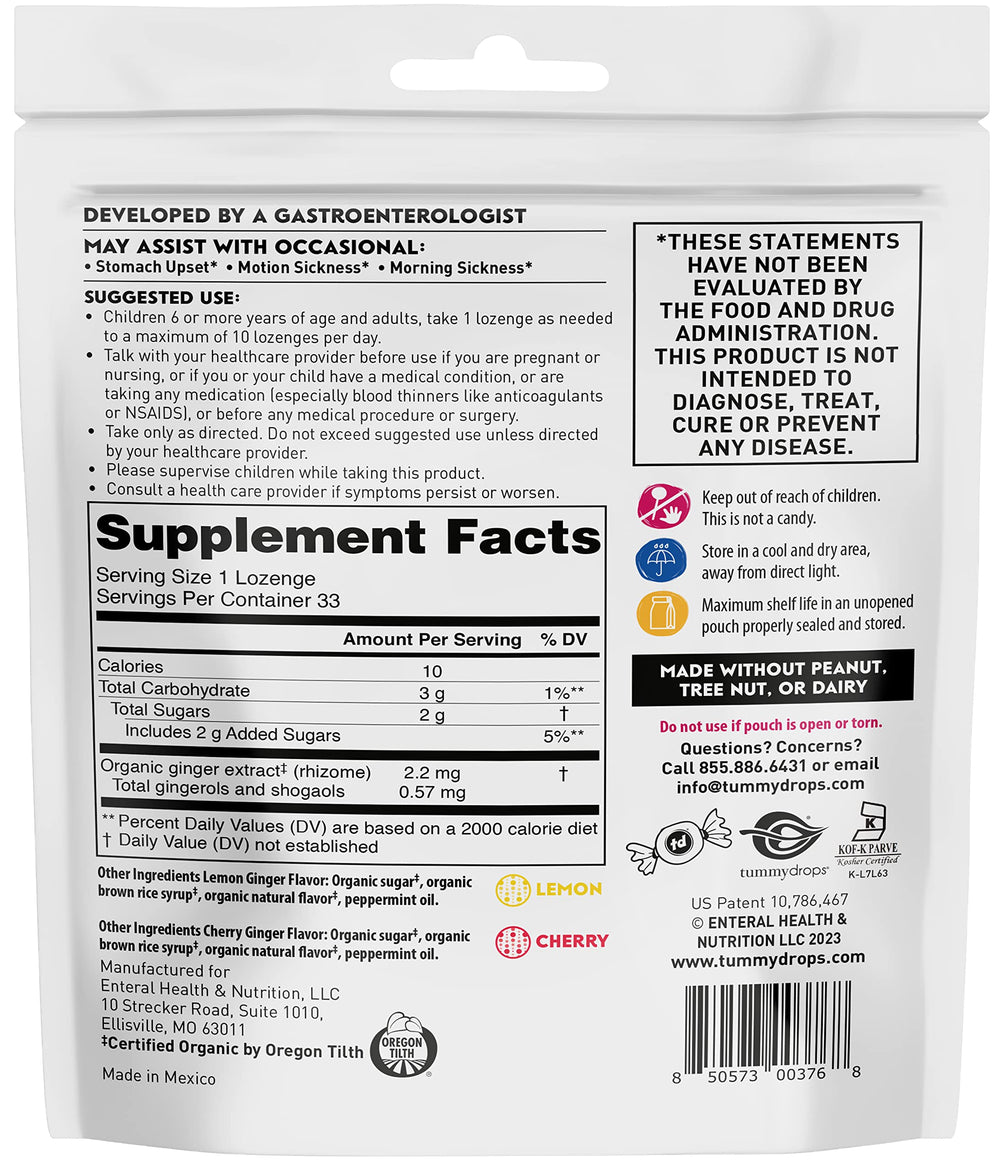 Tummydrops variety-pack front view shows 33 assorted lozenges for on-the-go relief.
