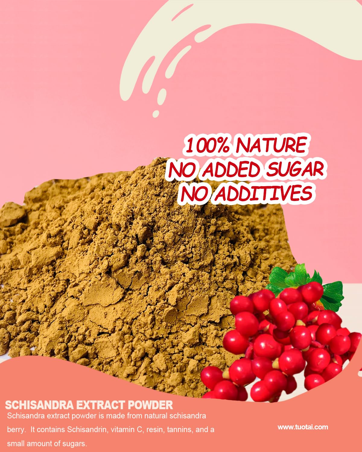 TUOTAI Schisandra 10:1 powder in a glass, ready to flavor beverages.