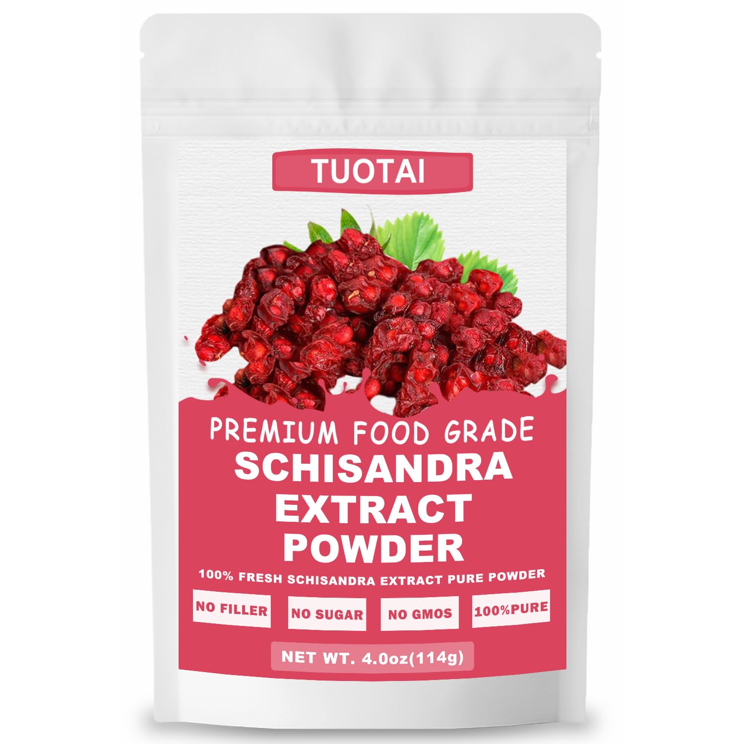 TUOTAI Schisandra 10:1 powder packaging, natural vegan supplement setup.