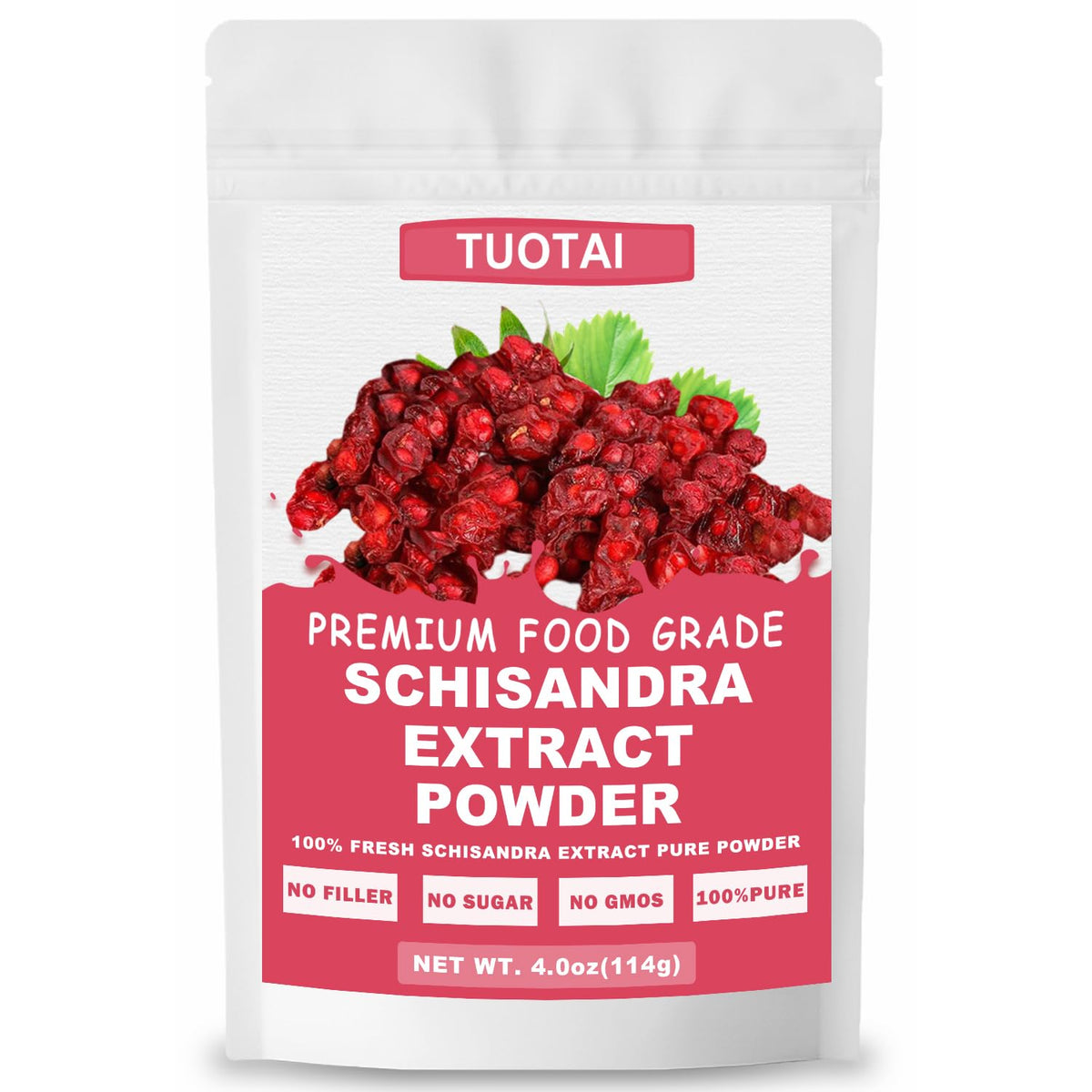 TUOTAI Schisandra 10:1 powder packaging, natural vegan supplement setup.