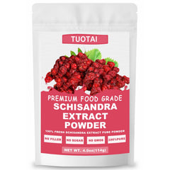 TUOTAI Schisandra 10:1 powder packaging, natural vegan supplement setup.