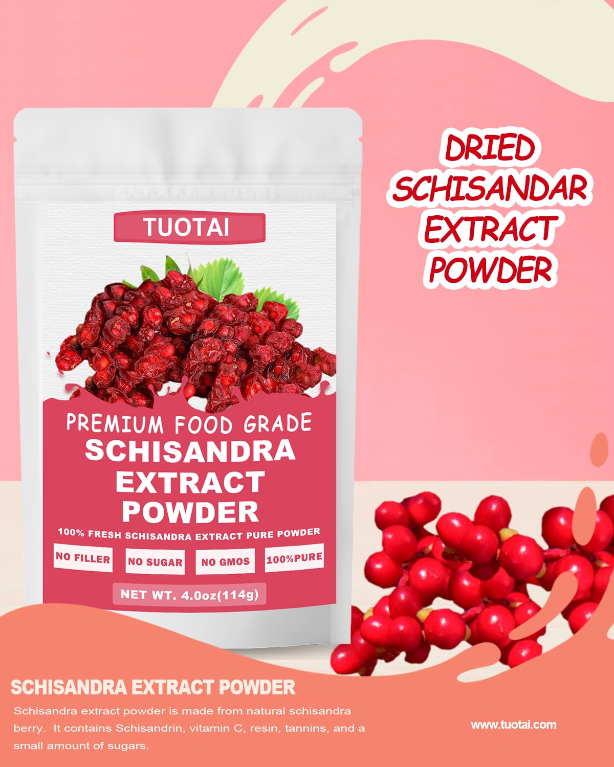 Close-up of TUOTAI Schisandra 10:1 powder in a scoop for daily use.