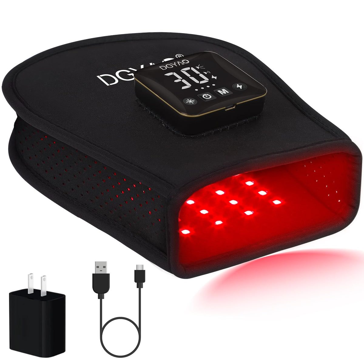 TUOYR hand therapy device glows red and infrared for targeted relief on the hand.