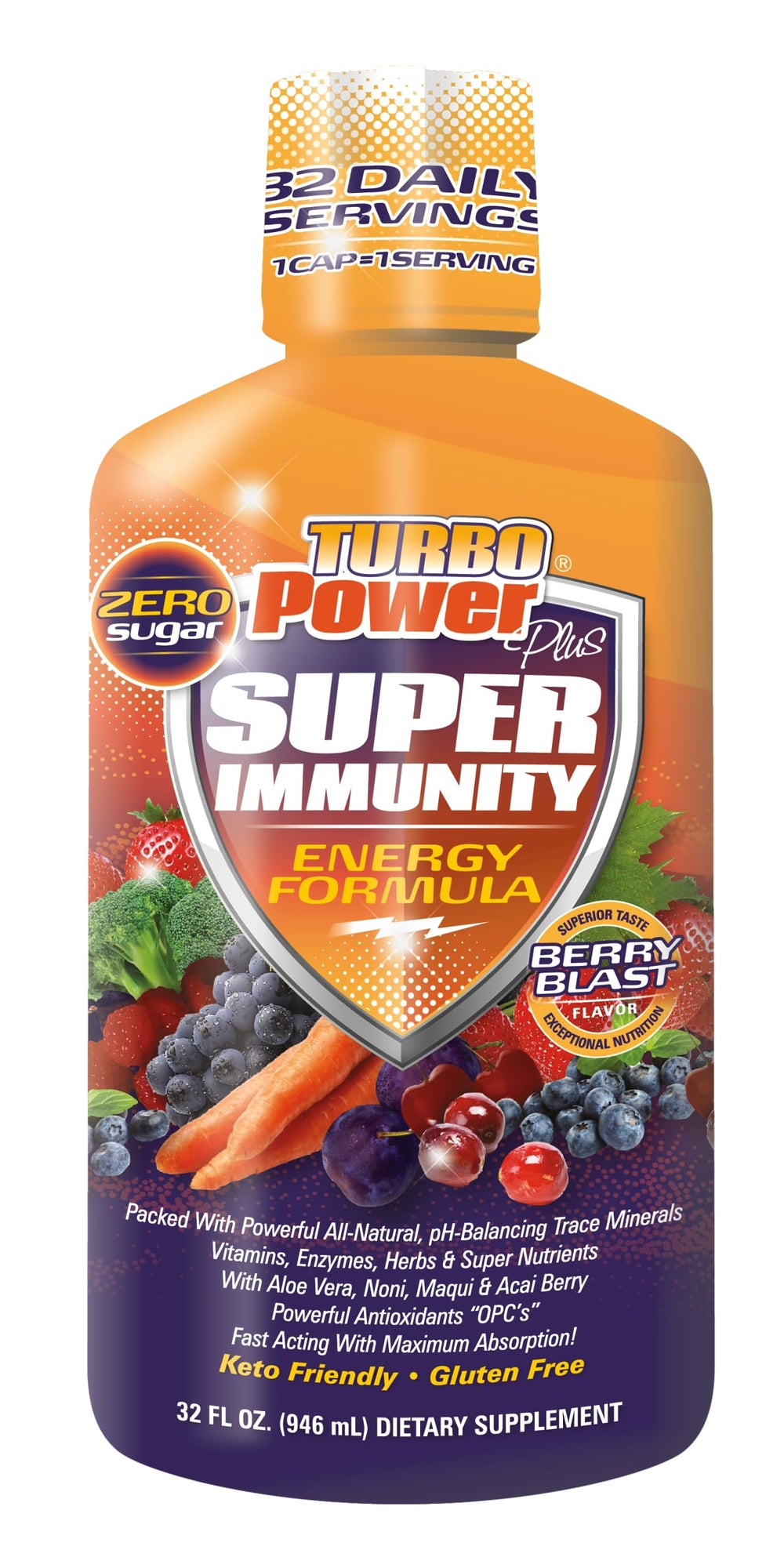 Turbo Power Liquid Vitamins bottle pour shows fast absorption and daily energy support.