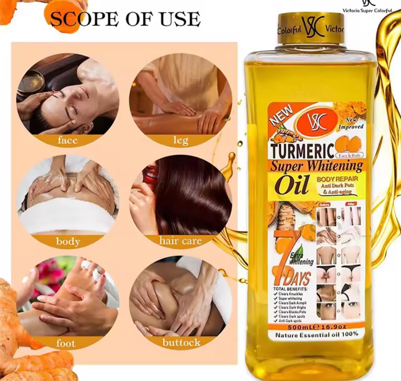 Turmeric Oil Super Whitening vitamin C presence supports brightened-looking skin.