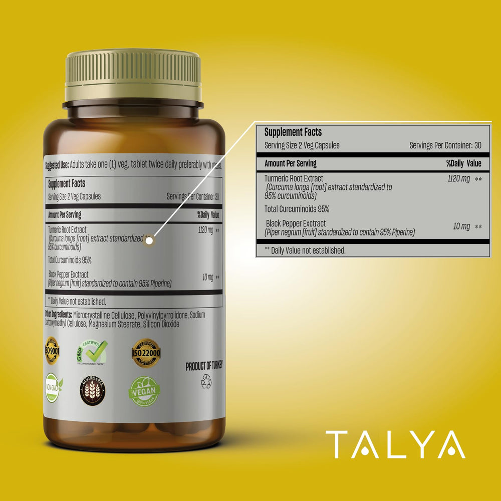TALYA Turmeric Curcumin root and black pepper close-up.