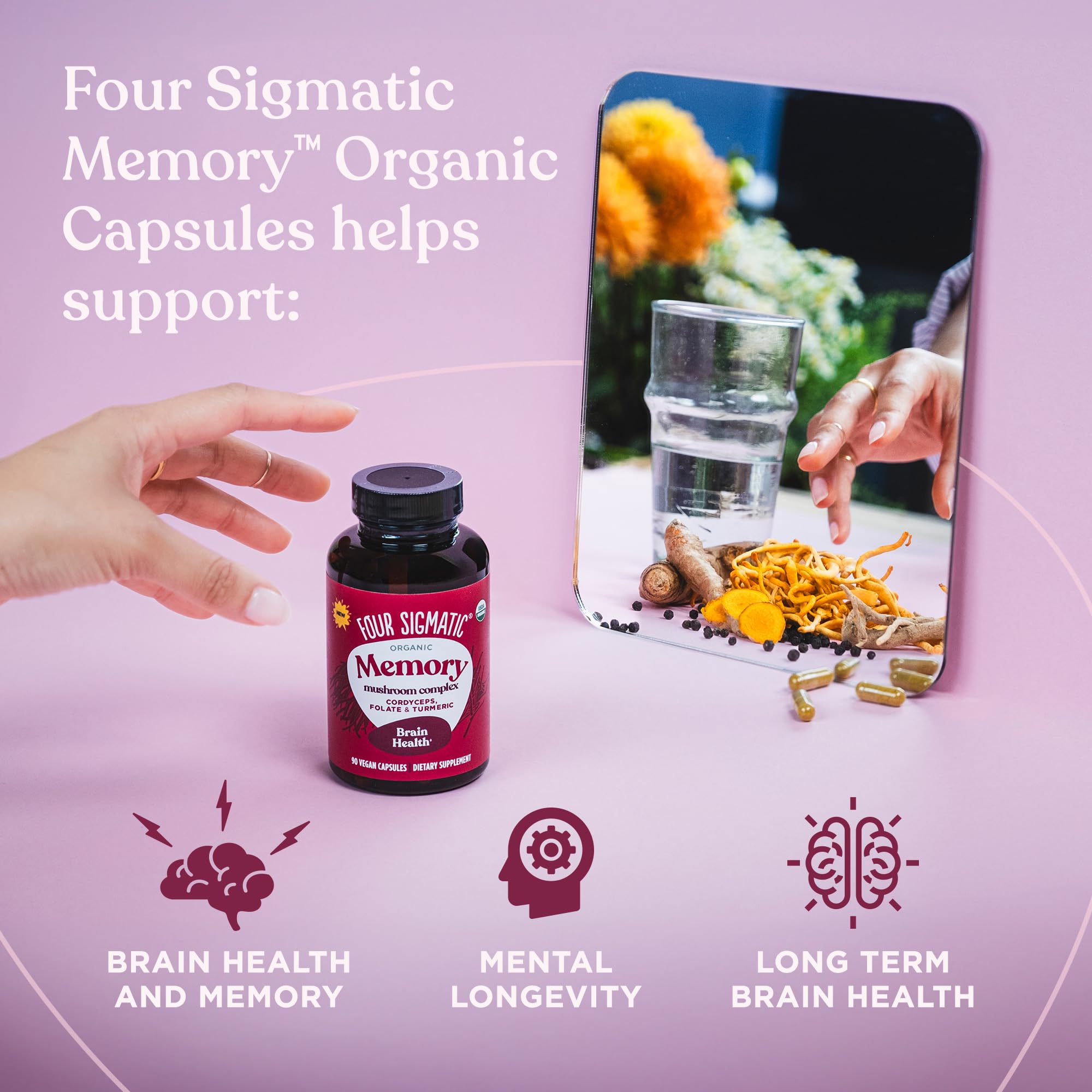 Four Sigmatic Memory Capsules turmeric root close-up showcasing antioxidant-rich spice.