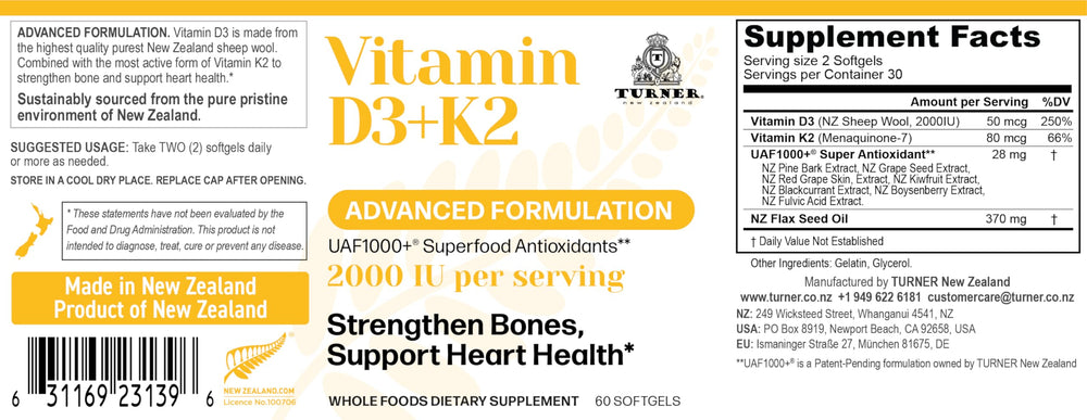 TURNER D3 K2 bottle closeup highlighting NZ lanolin source for bone support