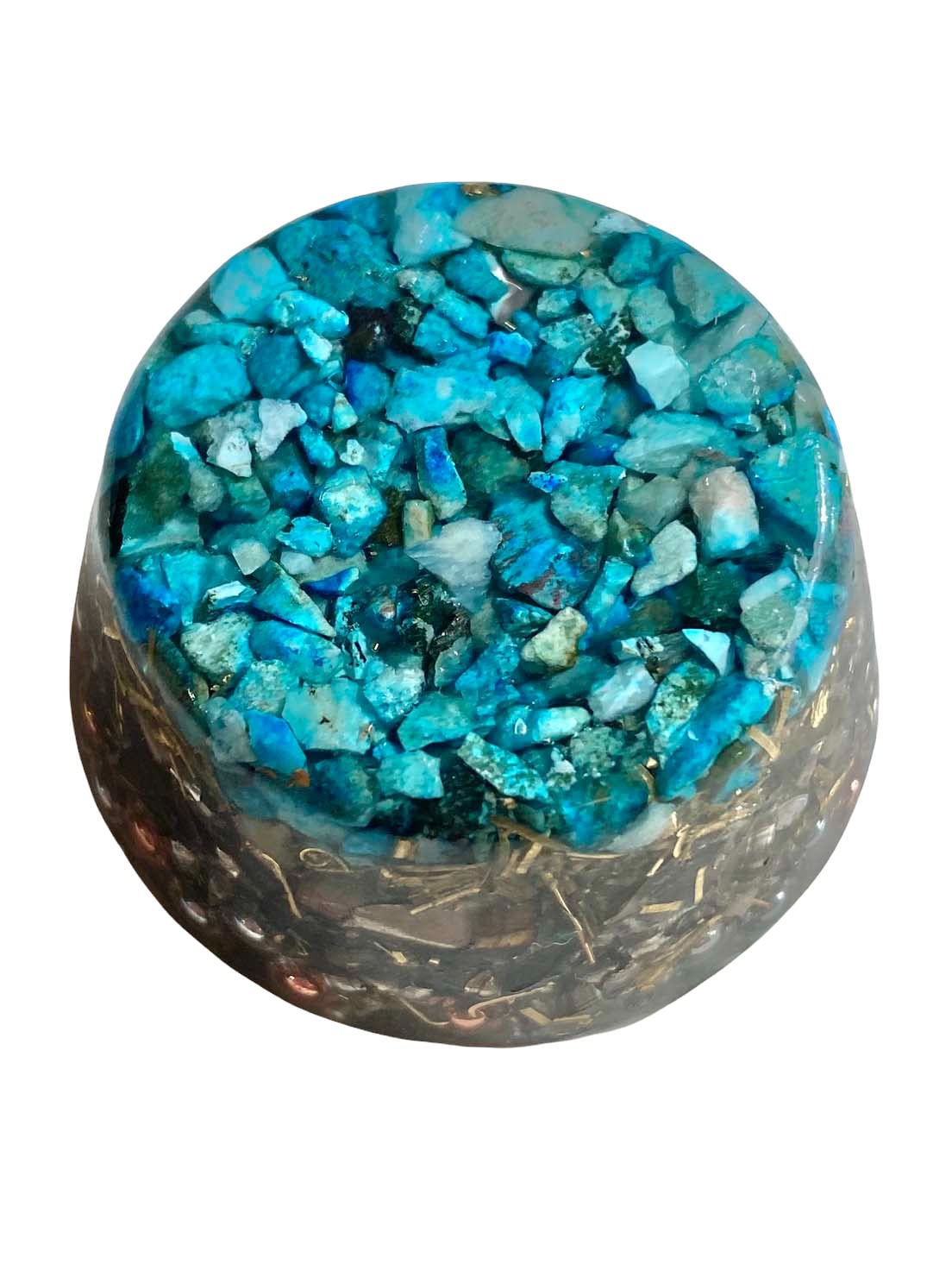 Turquoise Single Crystal Tower Buster Orgone Generator on a desk for calm ambience.