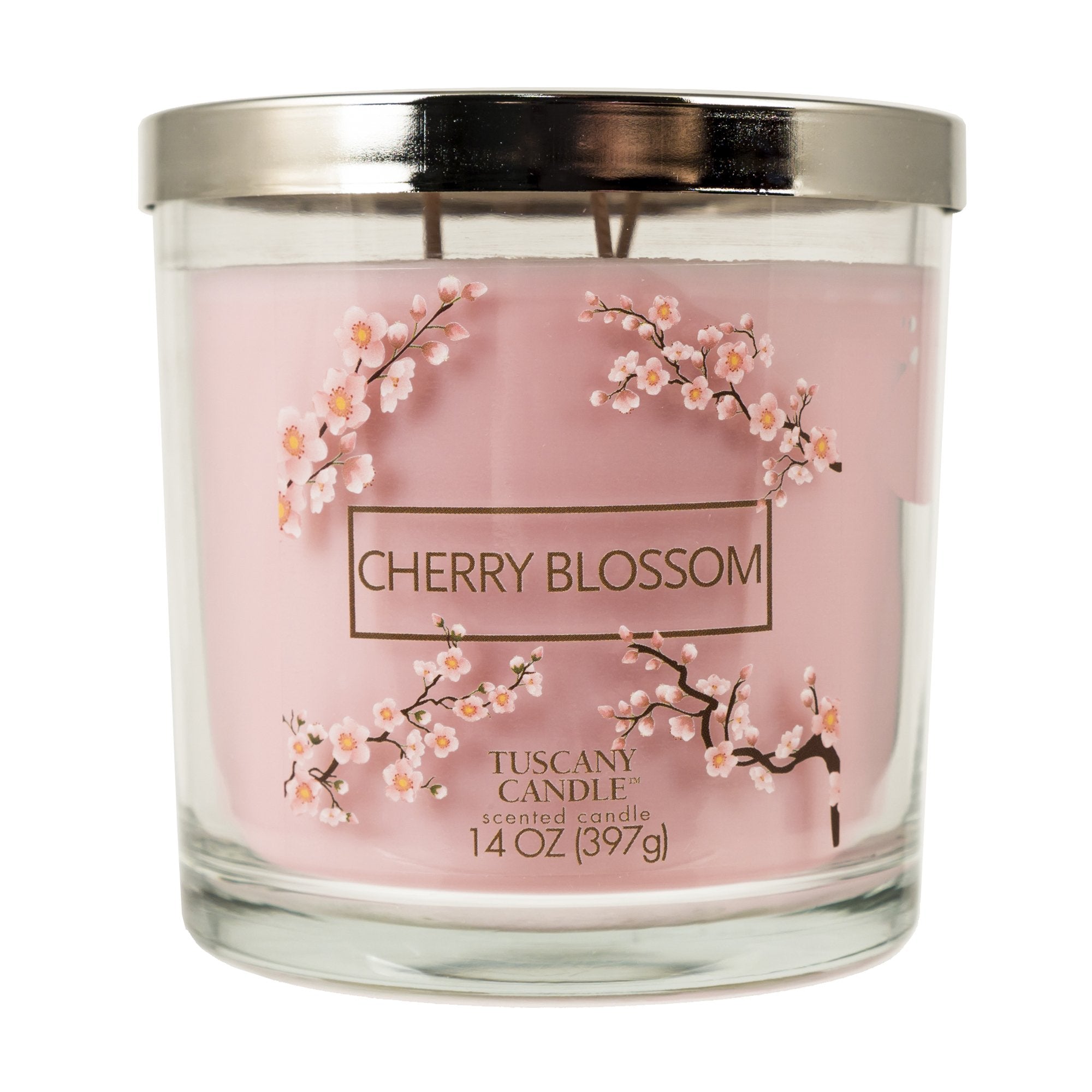 Tuscany Candle Cherry Blossom pink wax jar for serene spring ambiance and floral decor