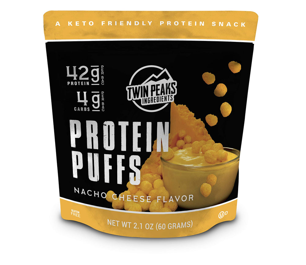 Twin Peaks Protein Puffs Nacho Cheese front view, perfect on-the-go snack.