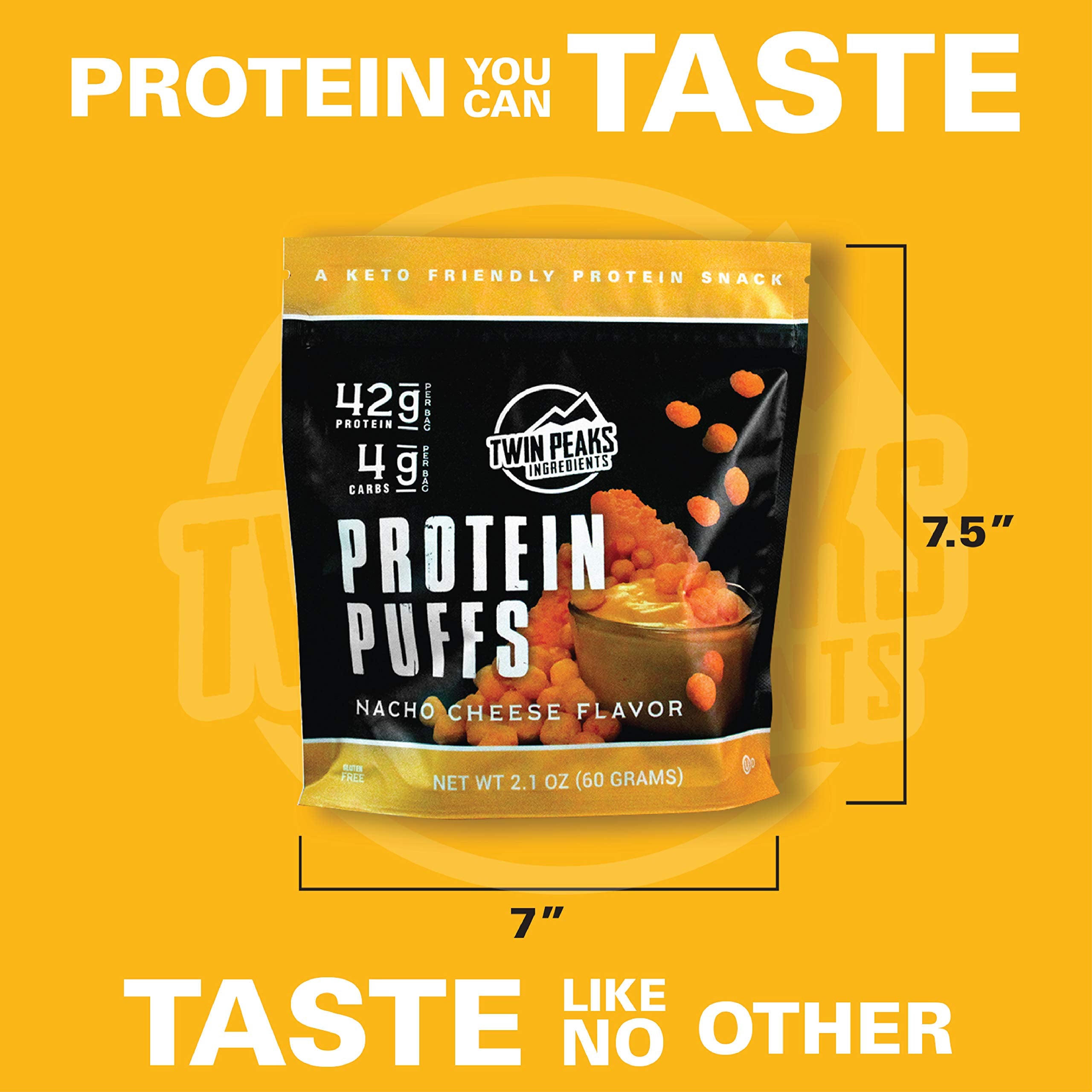 Twin Peaks Protein Puffs Nacho Cheese nutrition panel visible for keto-friendly snacking.