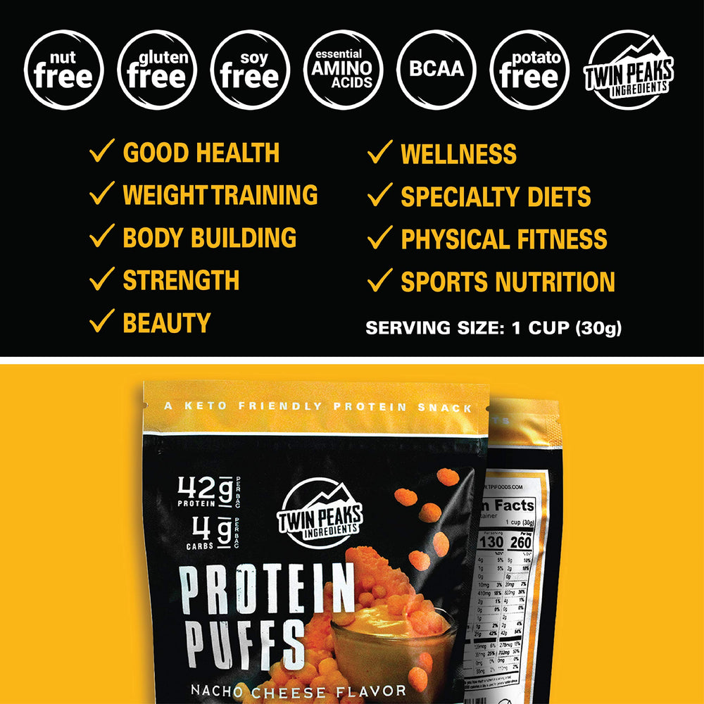 Twin Peaks Protein Puffs Nacho Cheese 3-pack packaging shot for home stocking.