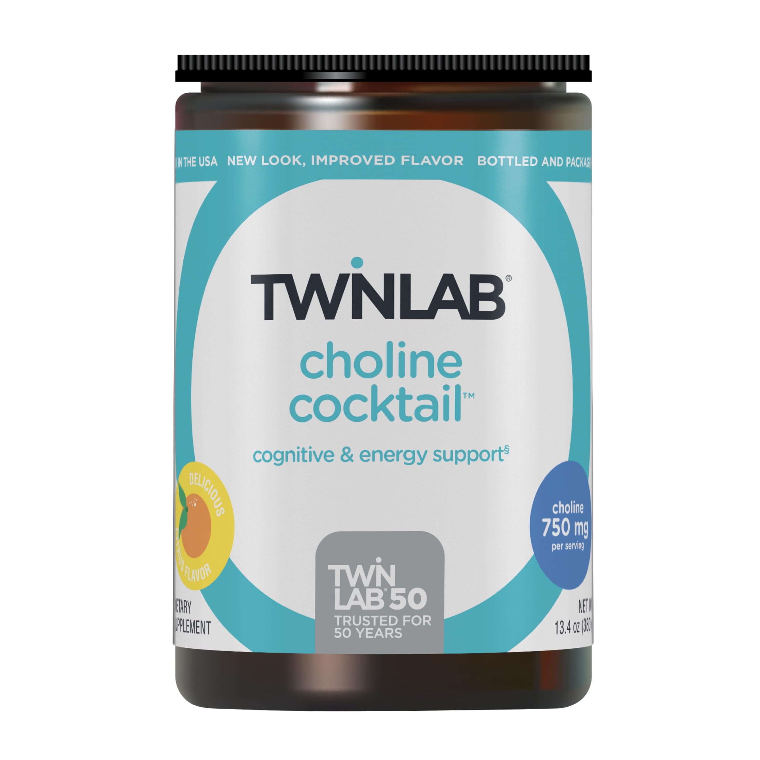 Twinlab Choline Cocktail bottle highlights brain health blend for daily focus.