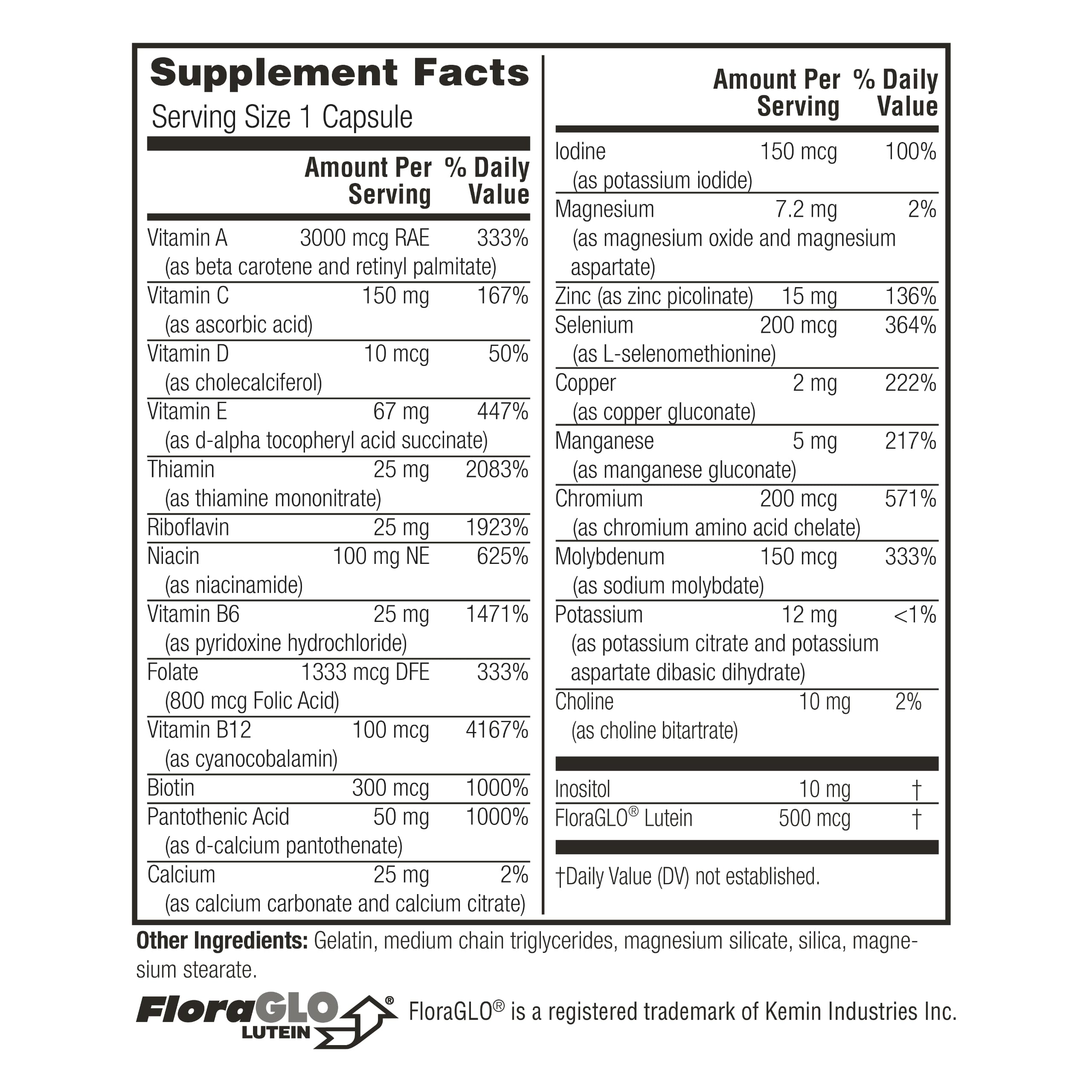 Label of Twinlab Daily One Caps Without Iron highlighting zinc and B vitamins.