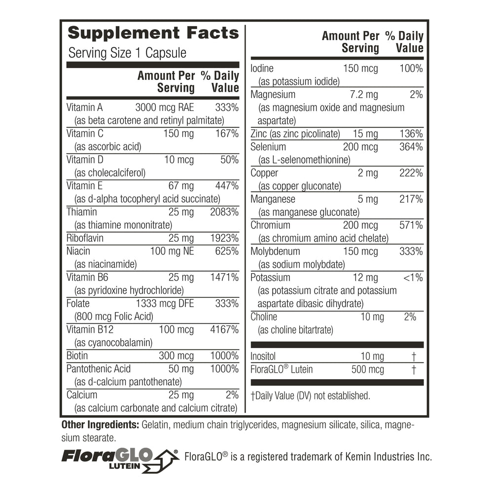 Label of Twinlab Daily One Caps Without Iron highlighting zinc and B vitamins.
