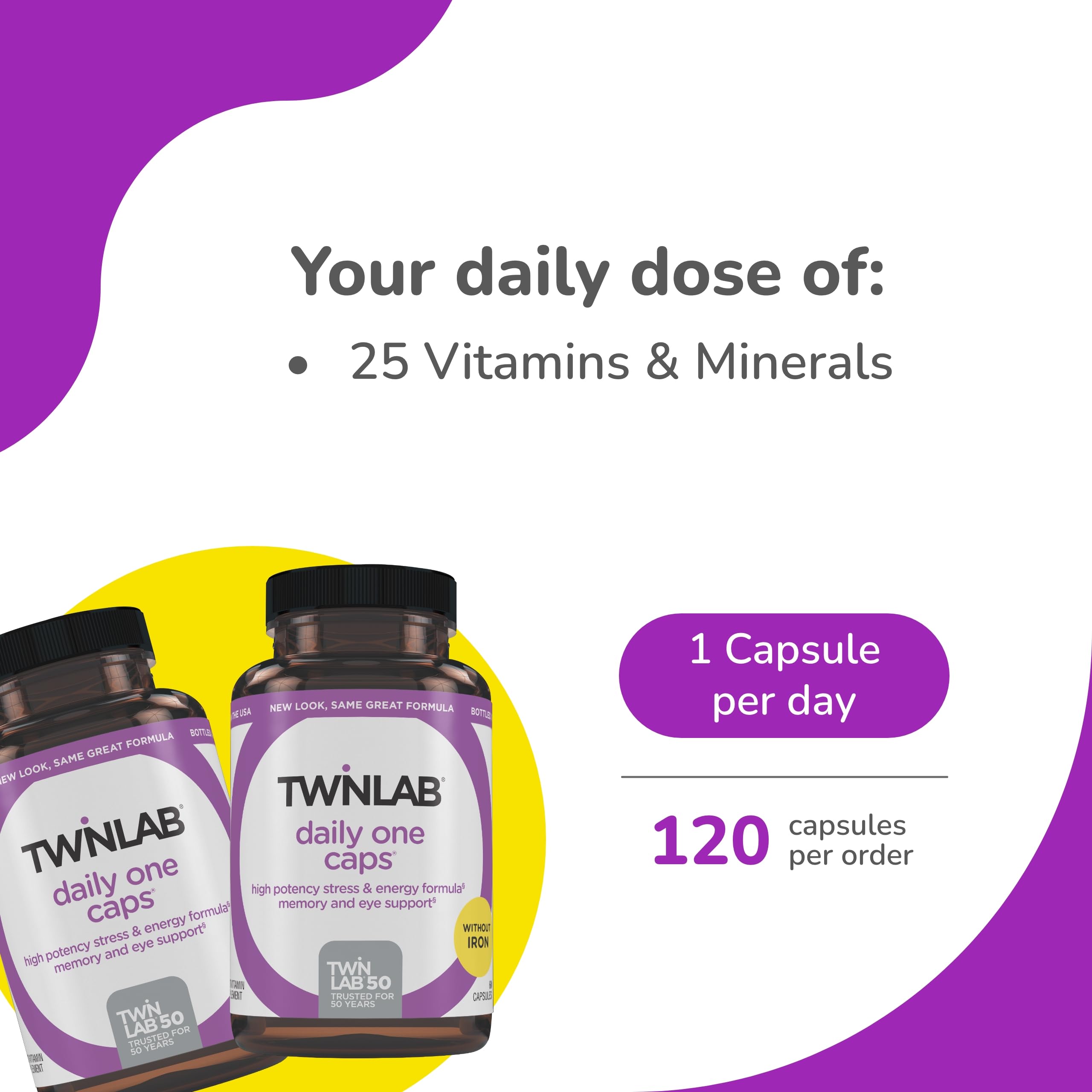 Nutrition facts label on Twinlab Daily One Caps Without Iron package.