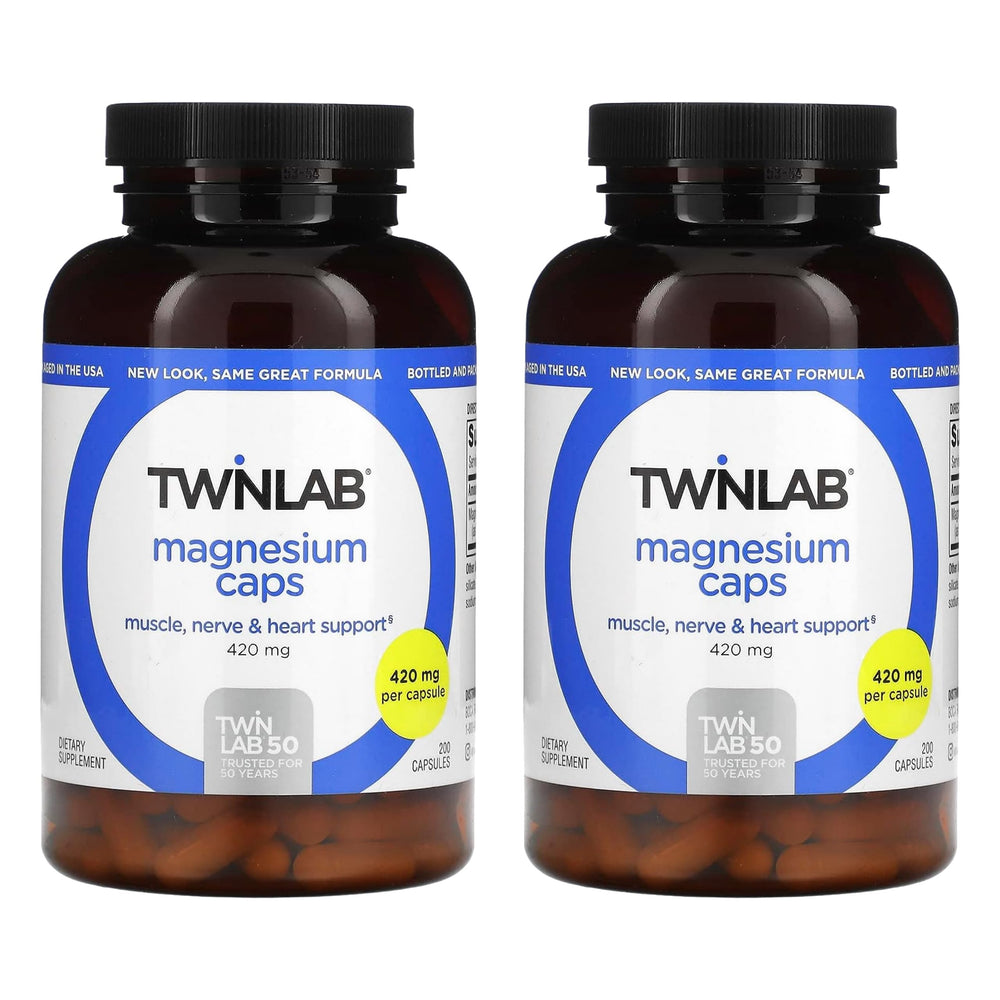 Twinlab Magnesium Caps bottle front highlighting high absorption magnesium for leg cramps support.