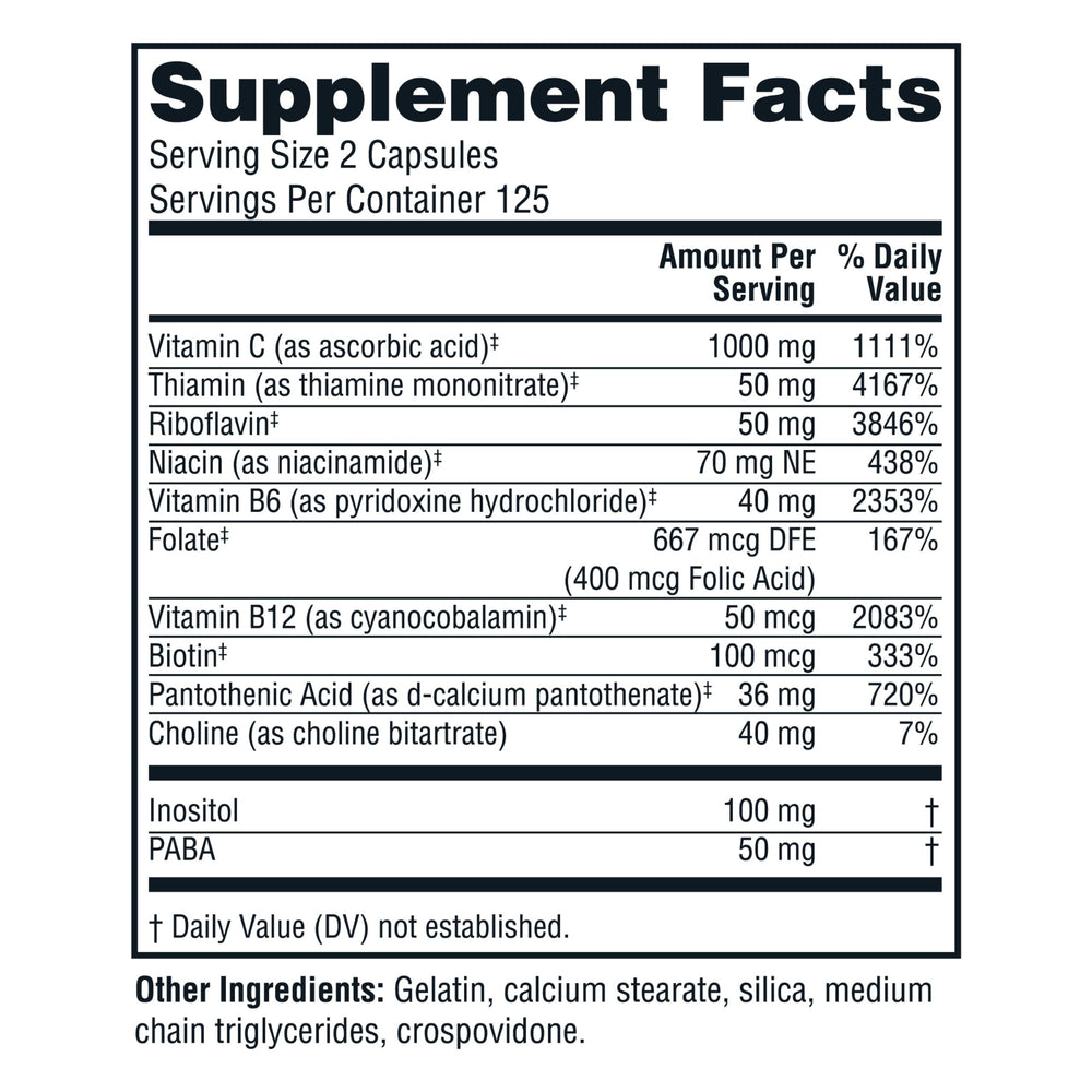 Twinlab Stress B-Complex label close-up highlighting vitamins for metabolism.