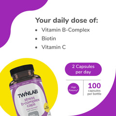 Twinlab Stress B-Complex capsules pour illustrating convenient daily intake for energy