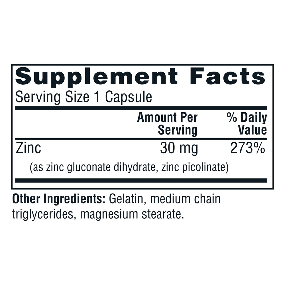 Twinlab Zinc Caps bottle label detailing zinc picolinate and gluconate.