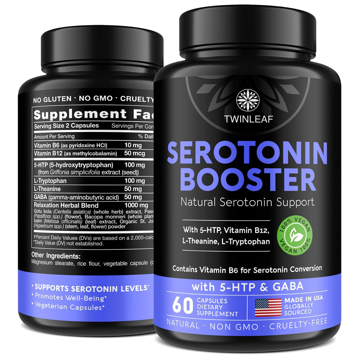 Twinleaf Serotonin Booster bottle shows a daily balance formula for everyday use.