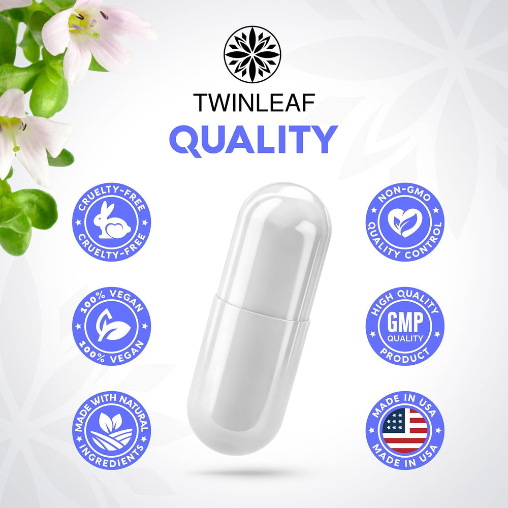 Twinleaf Serotonin bottle label detail emphasizing quality and ingredients.