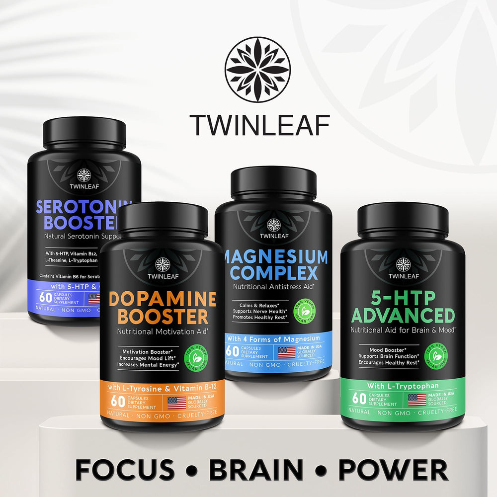 Twinleaf Serotonin USA-made packaging showcasing 60 capsules.