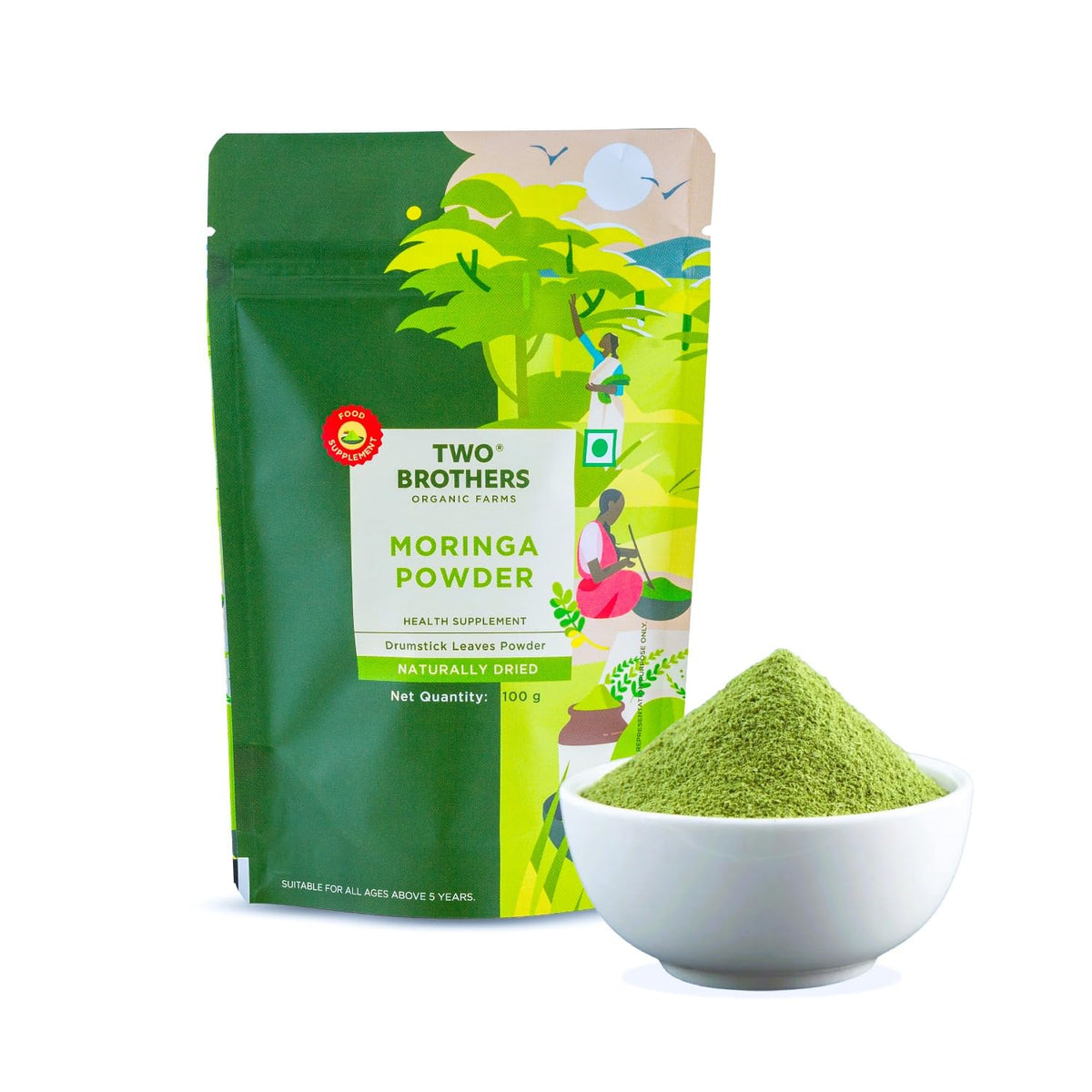Two Brothers Organic Farms moringa leaf powder tub ready for smoothies